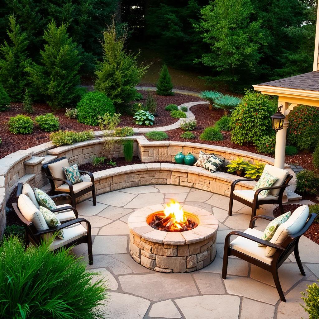 Stone patio with fire pit at dusk