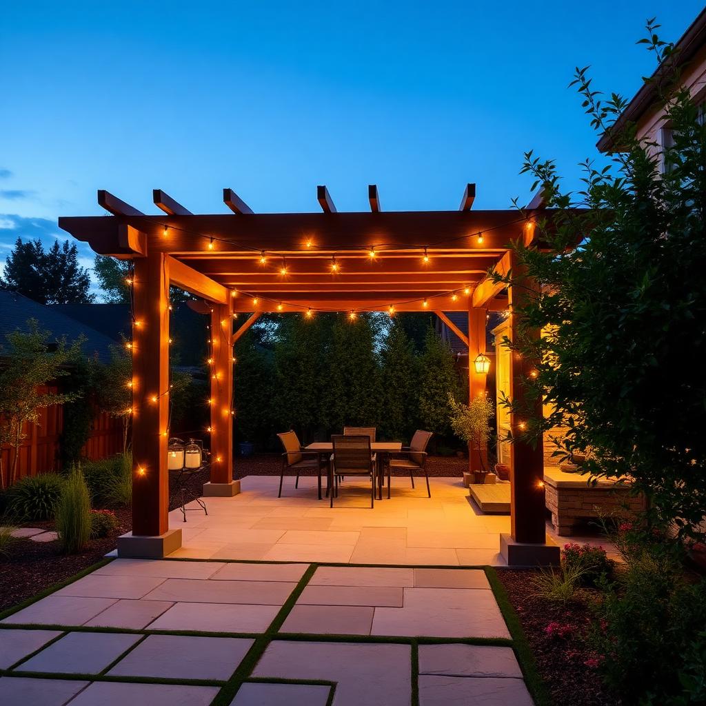 Pergola with string lights over patio