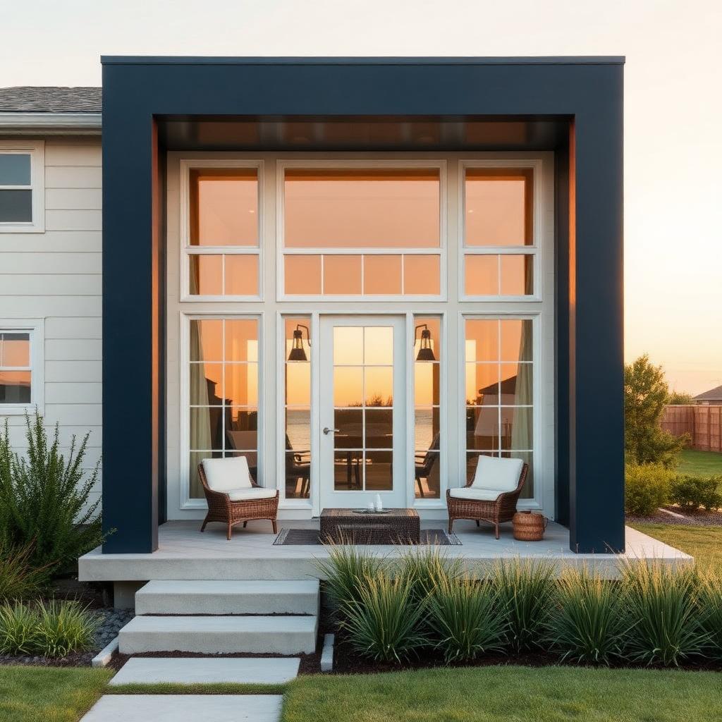 Modern coastal home at sunset