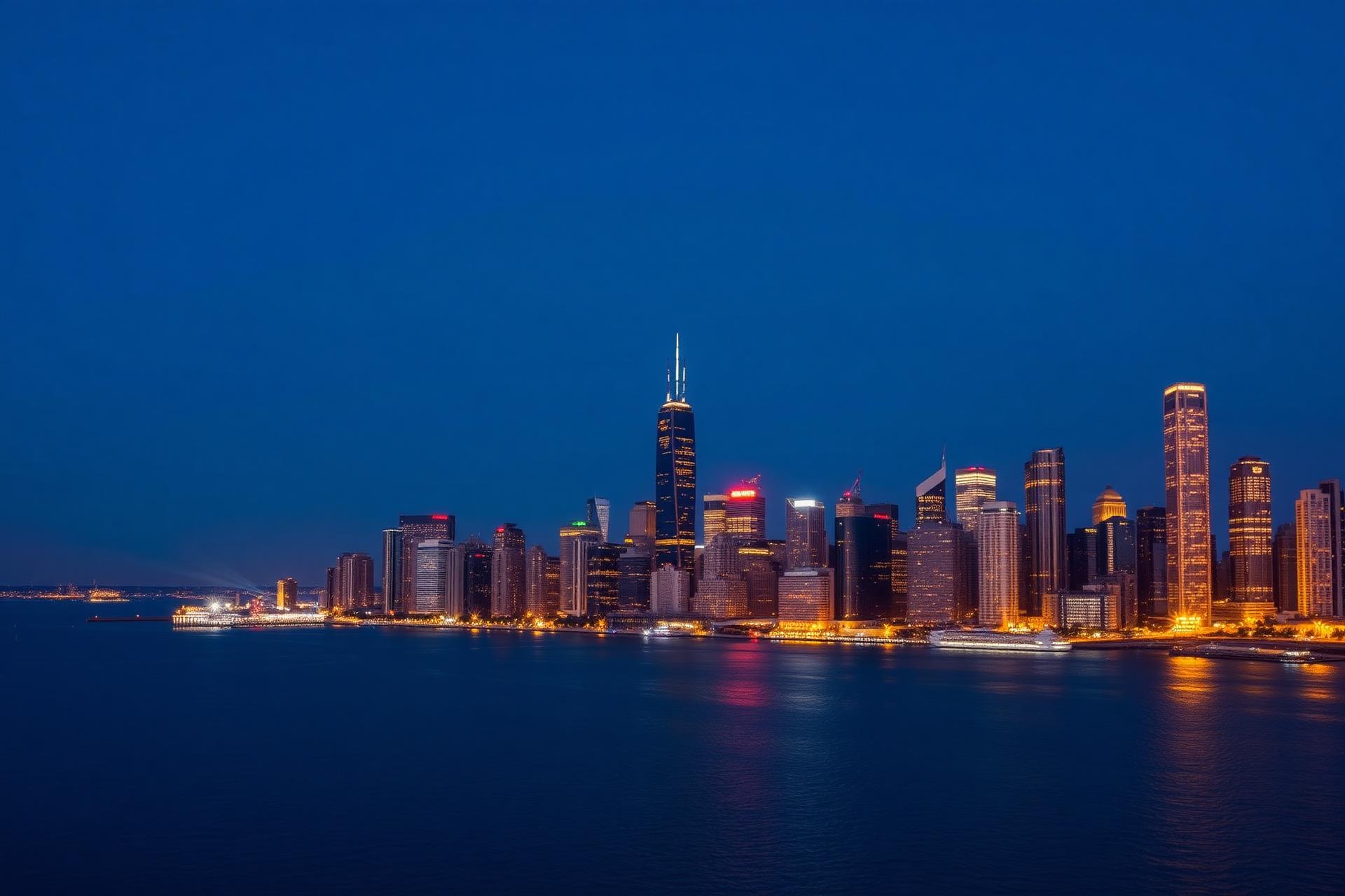 Chicago skyline at twilight along Lake Michigan