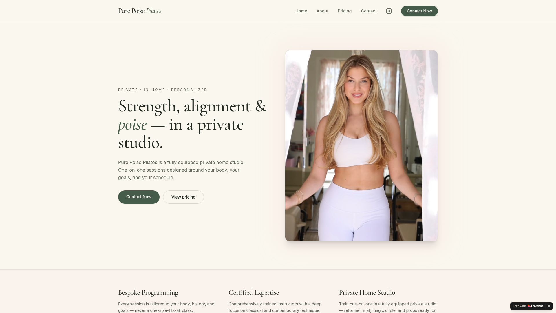 Pure Poise Pilates instructor in private studio